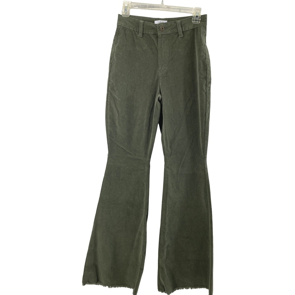 YMI Pants Women 26 Corduroy Flare High Rise Olive Green Raw Hem Boho Retro Indie